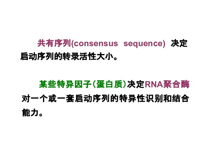 共有序列(consensus sequence) 决定启动序列的转录活性大小。 某些特异因子（蛋白质）决定RNA聚合酶对一个或一套启动序列的特异性识别和结合能力。