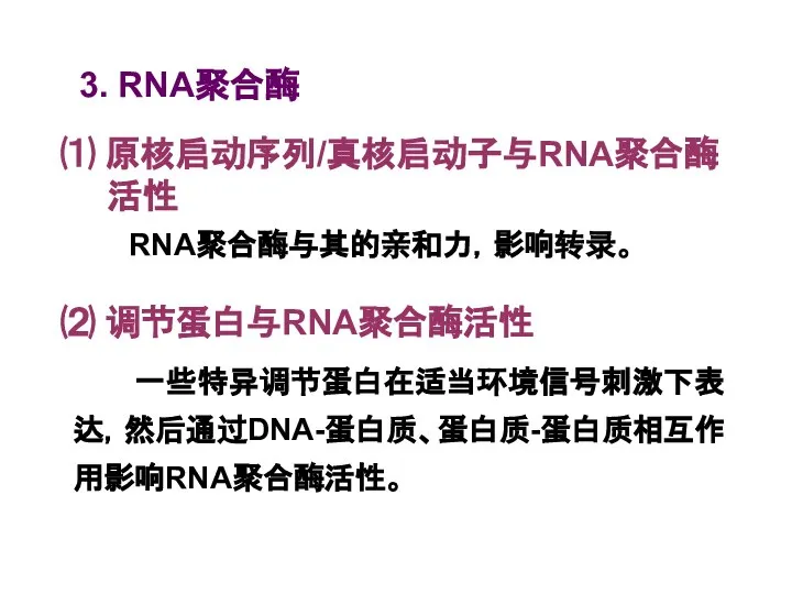 3. RNA聚合酶 ⑴ 原核启动序列/真核启动子与RNA聚合酶活性 RNA聚合酶与其的亲和力，影响转录。 ⑵ 调节蛋白与RNA聚合酶活性 一些特异调节蛋白在适当环境信号刺激下表达，然后通过DNA-蛋白质、蛋白质-蛋白质相互作用影响RNA聚合酶活性。