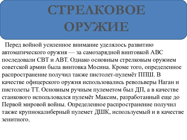 СТРЕЛКОВОЕ ОРУЖИЕ Перед войной усиленное внимание уделялось развитию автоматического оружия — за