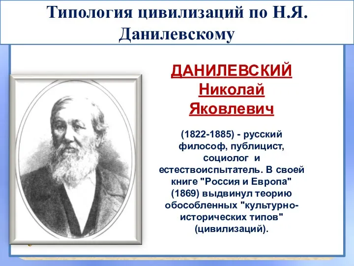 Типология цивилизаций по Н.Я.Данилевскому ДАНИЛЕВСКИЙ Николай Яковлевич (1822-1885) - русский философ, публицист,