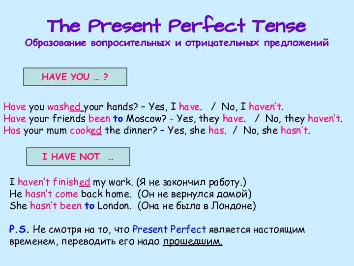 The Present Perfect Tense Образование вопросительных и отрицательных предложений HAVE YOU …