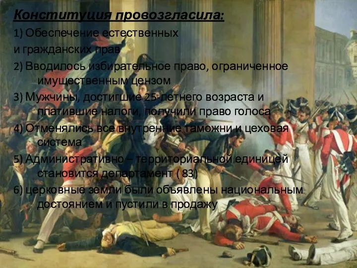 Конституция провозгласила: 1) Обеспечение естественных и гражданских прав 2) Вводилось избирательное право,