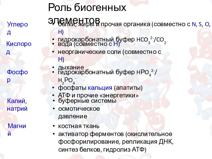 Роль биогенных элементов Углерод белки, жиры и прочая органика (совместно с N,