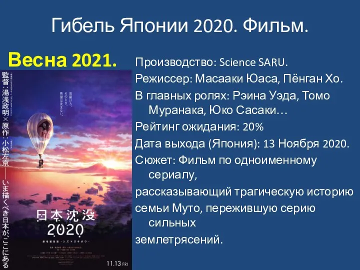 Гибель Японии 2020. Фильм. Весна 2021. Производство: Science SARU. Режиссер: Масааки Юаса,