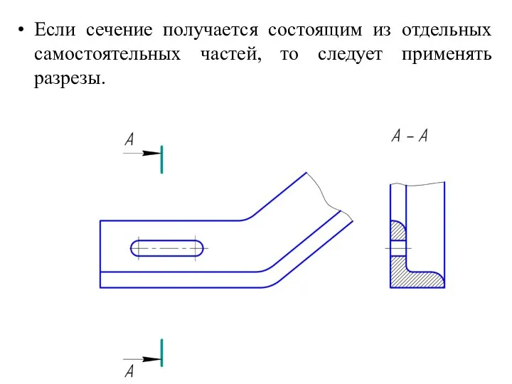 Если сечение получается состоящим из отдельных самостоятельных частей, то следует применять разрезы.