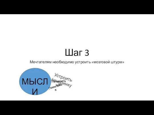 Шаг 3 Мечтателям необходимо устроить «мозговой штурм» МЫСЛИ Устроить вечеринку Помыться Почистить зубы