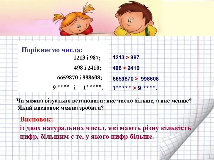 Порівняємо числа: 1213 і 987; 498 і 2410; 6659870 і 998608; ٭٭٭٭