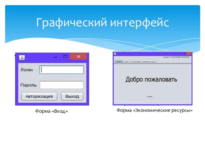 Графический интерфейс Форма «Вход» Форма «Экономические ресурсы»