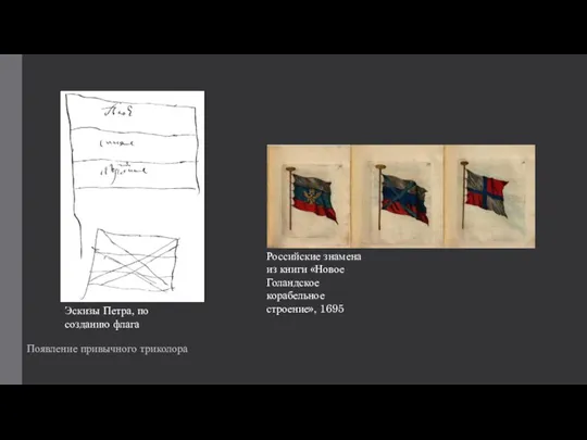 Появление привычного триколора Эскизы Петра, по созданию флага Российские знамена из книги
