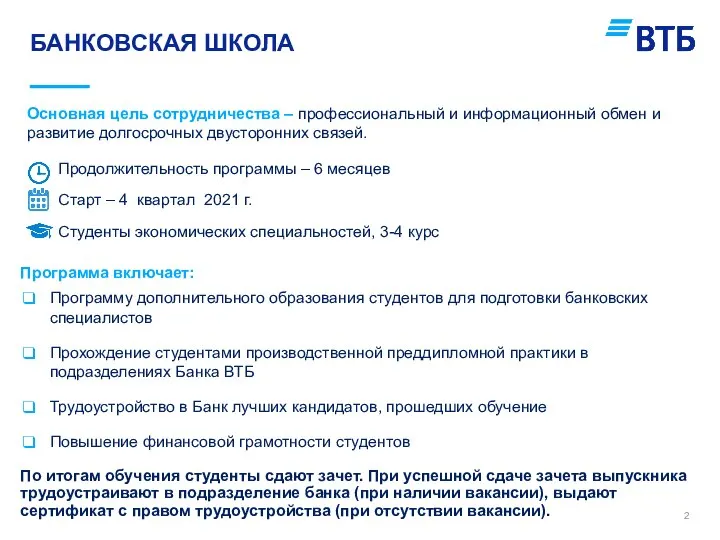 БАНКОВСКАЯ ШКОЛА Программа включает: Программу дополнительного образования студентов для подготовки банковских специалистов