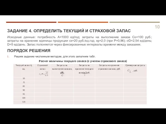 ЗАДАНИЕ 4. ОПРЕДЕЛИТЬ ТЕКУЩИЙ И СТРАХОВОЙ ЗАПАС 10 ПОРЯДОК РЕШЕНИЯ Исходные данные: