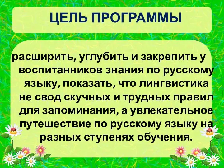 ЦЕЛЬ ПРОГРАММЫ расширить, углубить и закрепить у воспитанников знания по русскому языку,