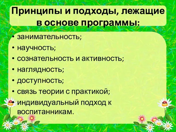 Принципы и подходы, лежащие в основе программы: занимательность; научность; сознательность и активность;