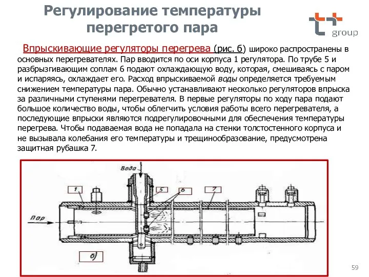 Впрыскивающие регуляторы перегрева (рис. б) широко распространены в основных перегревателях. Пар вводится