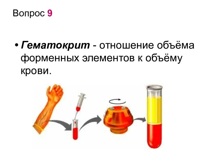 Вопрос 9 Гематокрит - отношение объёма форменных элементов к объёму крови.