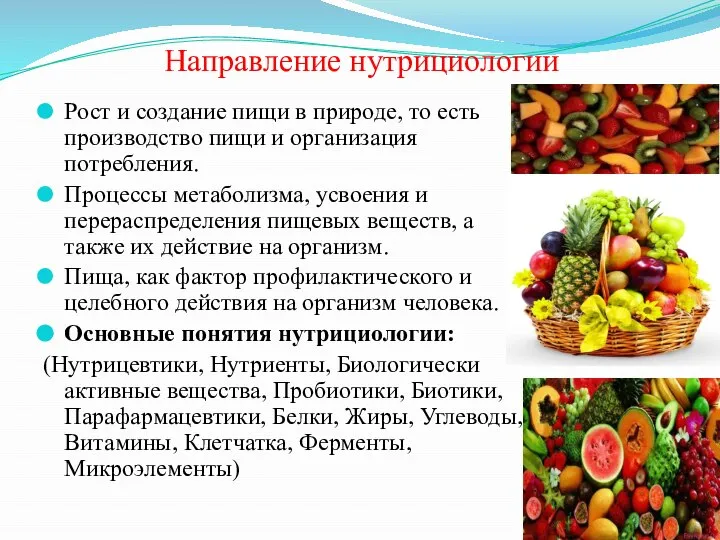 Направление нутрициологии Рост и создание пищи в природе, то есть производство пищи