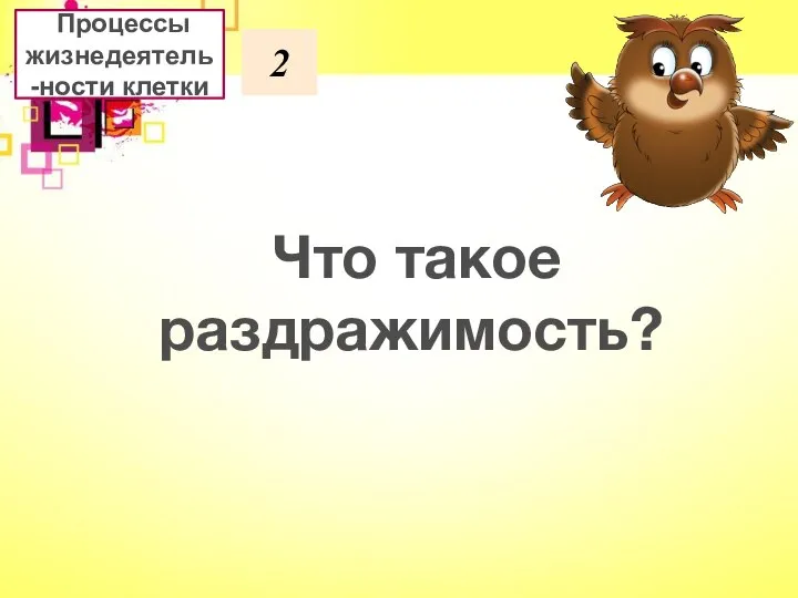 2 Что такое раздражимость? Процессы жизнедеятель-ности клетки