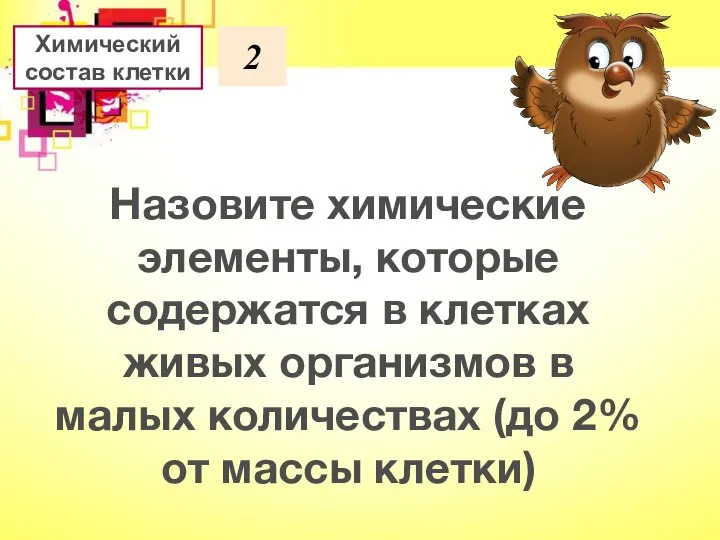 Химический состав клетки 2 Назовите химические элементы, которые содержатся в клетках живых