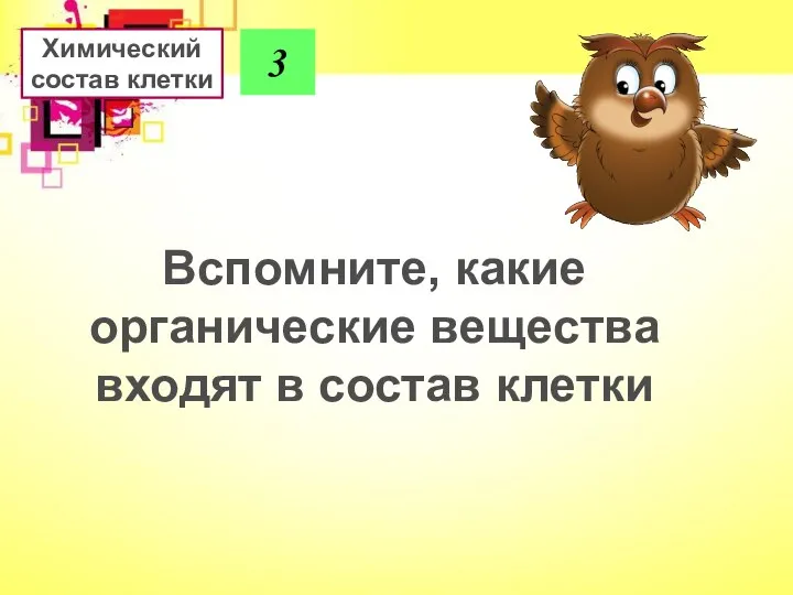 3 Вспомните, какие органические вещества входят в состав клетки Химический состав клетки