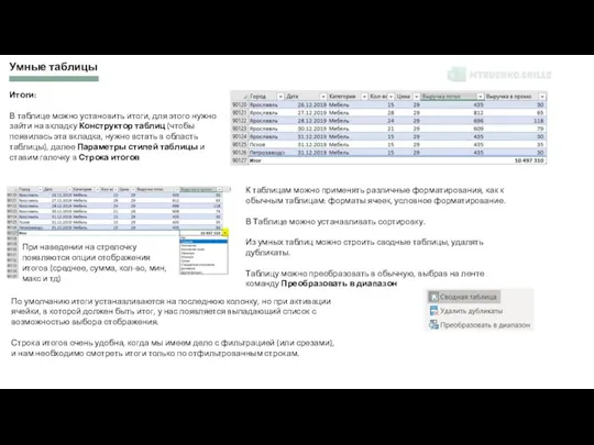 Умные таблицы Итоги: В таблице можно установить итоги, для этого нужно зайти