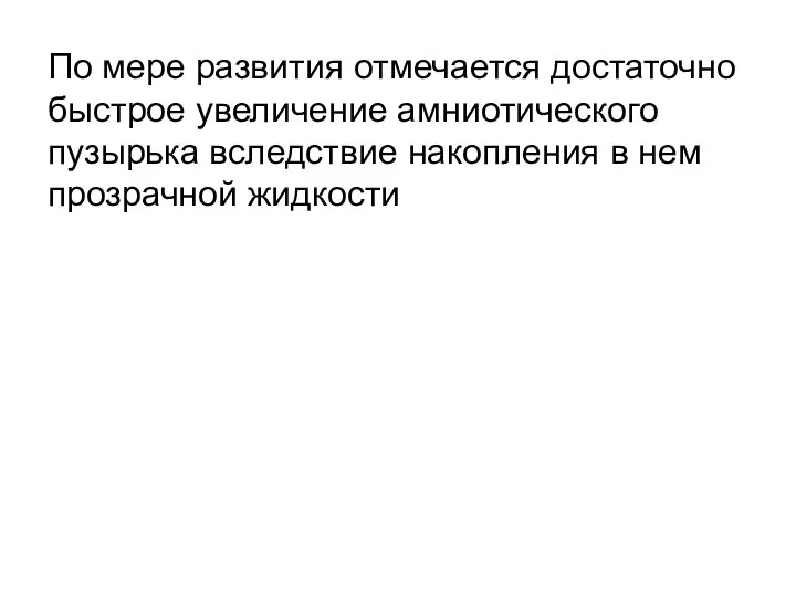 По мере развития отмечается достаточно быстрое увеличение амниотического пузырька вследствие накопления в нем прозрачной жидкости