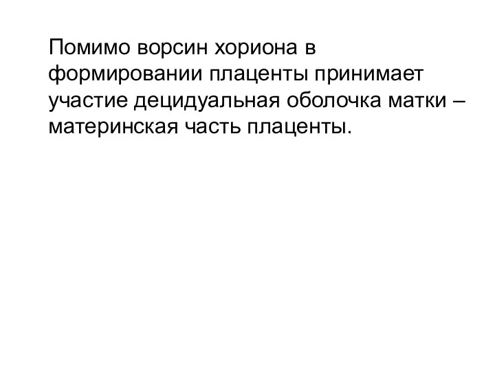 Помимо ворсин хориона в формировании плаценты принимает участие децидуальная оболочка матки – материнская часть плаценты.