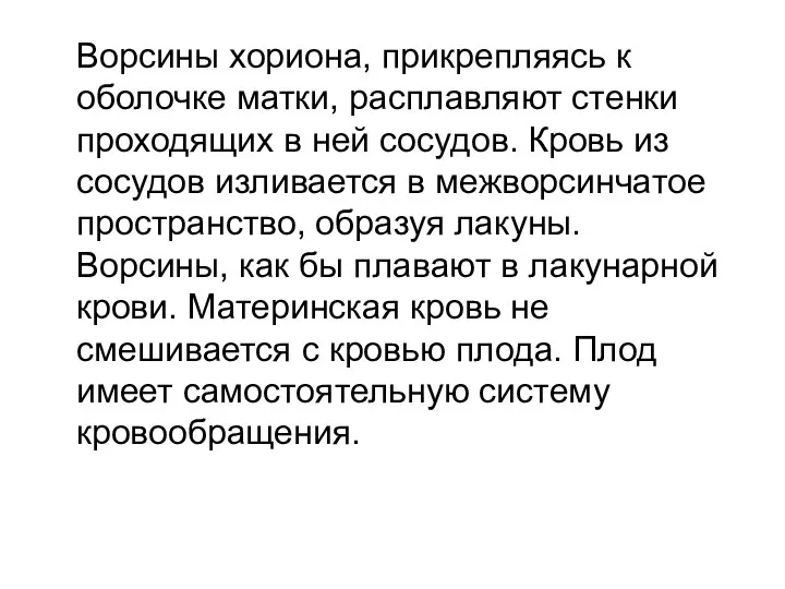 Ворсины хориона, прикрепляясь к оболочке матки, расплавляют стенки проходящих в ней сосудов.