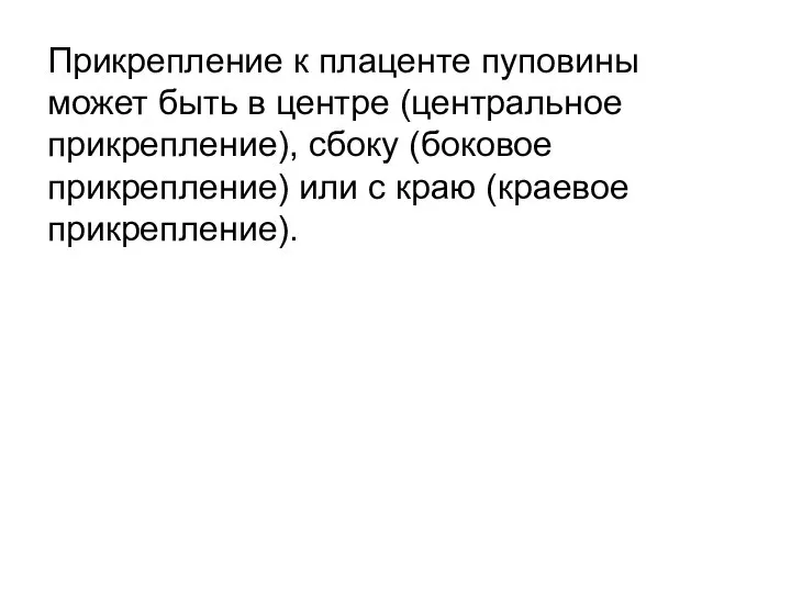 Прикрепление к плаценте пуповины может быть в центре (центральное прикрепление), сбоку (боковое