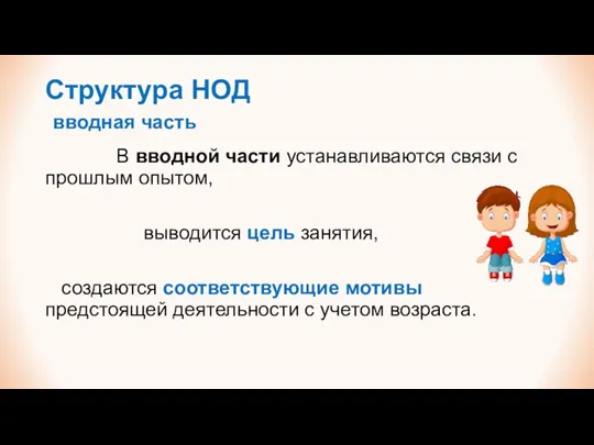 Структура НОД вводная часть В вводной части устанавливаются связи с прошлым опытом,