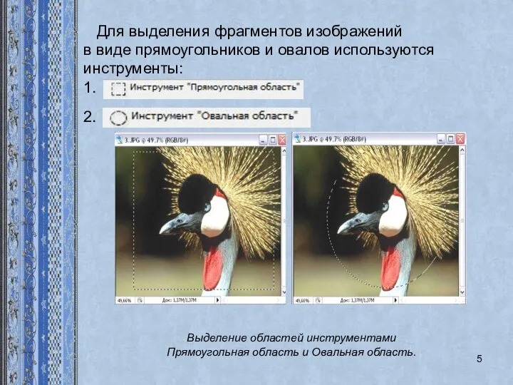 Для выделения фрагментов изображений в виде прямоугольников и овалов используются инструменты: 1. 2.