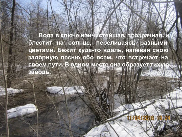 Вода в ключе наичистейшая, прозрачная, и блестит на солнце, переливаясь разными цветами.