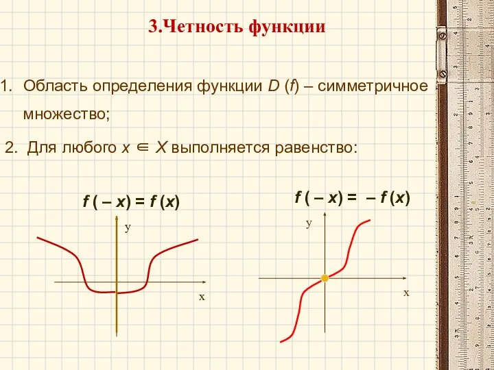 Область определения функции D (f) – симметричное множество; 2. Для любого х