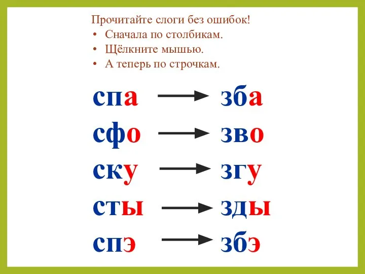 спа сфо ску сты спэ зба зво згу зды збэ Прочитайте слоги