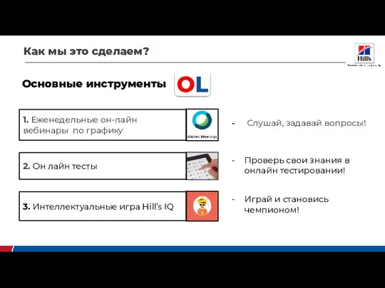 Основные инструменты 1. Еженедельные он-лайн вебинары по графику Как мы это сделаем?