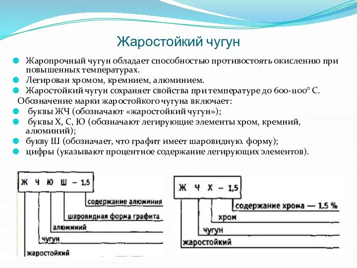 Жаростойкий чугун Жаропрочный чугун обладает способностью противостоять окислению при повышенных температурах. Легирован