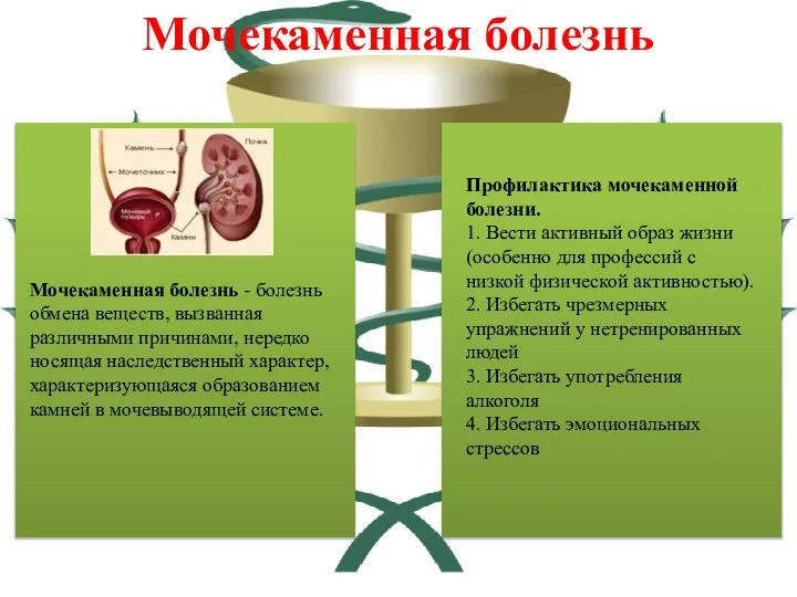 Мочекаменная болезнь Мочекаменная болезнь - болезнь обмена веществ, вызванная различными причинами, нередко