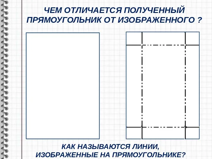 ЧЕМ ОТЛИЧАЕТСЯ ПОЛУЧЕННЫЙ ПРЯМОУГОЛЬНИК ОТ ИЗОБРАЖЕННОГО ? КАК НАЗЫВАЮТСЯ ЛИНИИ, ИЗОБРАЖЕННЫЕ НА ПРЯМОУГОЛЬНИКЕ?