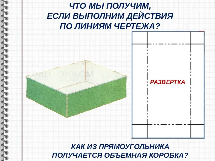 ЧТО МЫ ПОЛУЧИМ, ЕСЛИ ВЫПОЛНИМ ДЕЙСТВИЯ ПО ЛИНИЯМ ЧЕРТЕЖА? КАК ИЗ ПРЯМОУГОЛЬНИКА ПОЛУЧАЕТСЯ ОБЪЕМНАЯ КОРОБКА? РАЗВЕРТКА