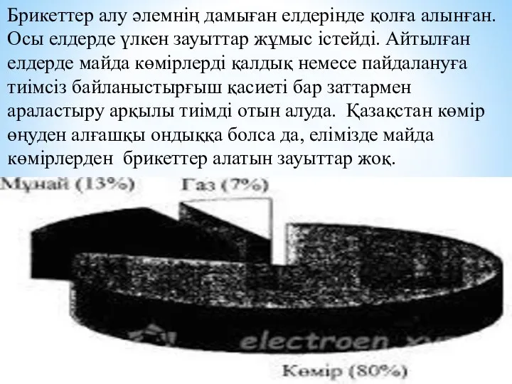 Брикеттер алу әлемнің дамыған елдерінде қолға алынған. Осы елдерде үлкен зауыттар жұмыс