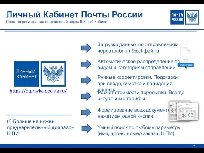 Личный Кабинет Почты России Простая регистрация отправлений через Личный Кабинет https://otpravka.pochta.ru/ Загрузка