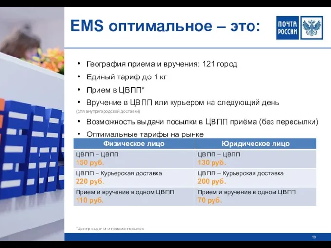 География приема и вручения: 121 город Единый тариф до 1 кг Прием