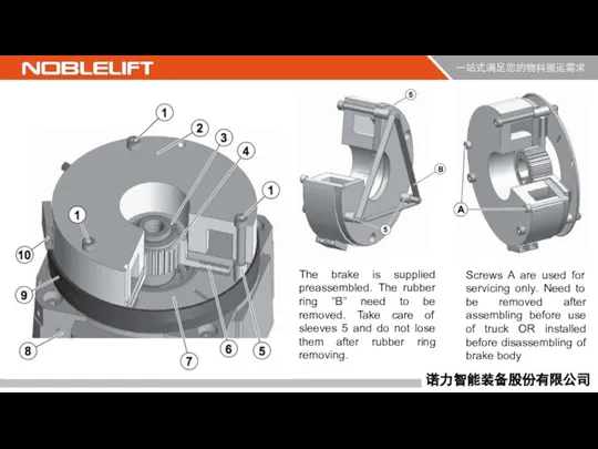 The brake is supplied preassembled. The rubber ring “B” need to be