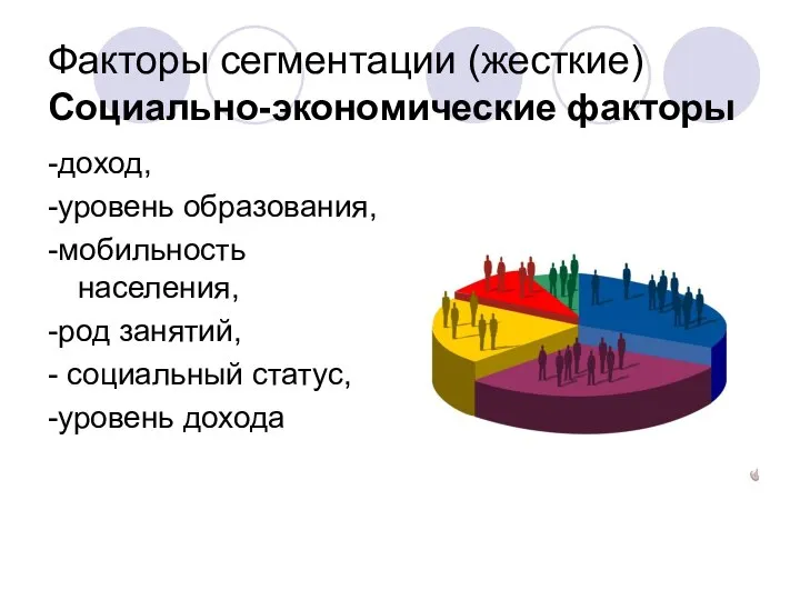 Факторы сегментации (жесткие) Социально-экономические факторы -доход, -уровень образования, -мобильность населения, -род занятий,