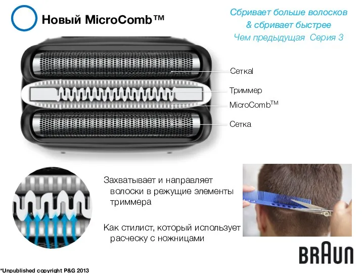 Новый MicroComb™ *Unpublished copyright P&G 2013 Захватывает и направляет волоски в режущие