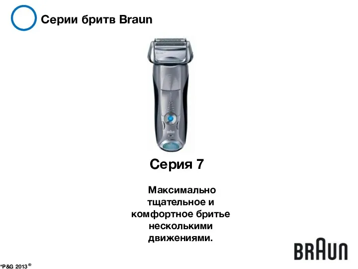 Серии бритв Braun *P&G 2013 ® Серия 7 Максимально тщательное и комфортное бритье несколькими движениями.