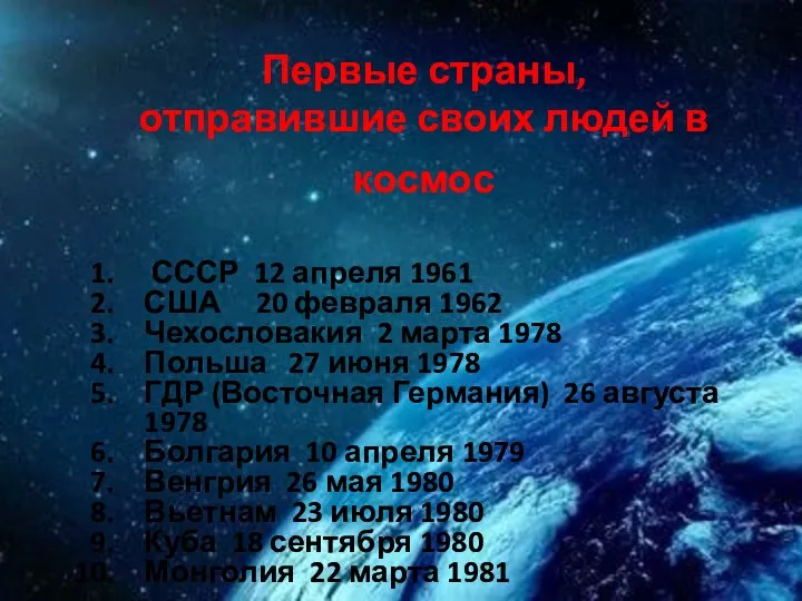 Первые страны, отправившие своих людей в космос СССР 12 апреля 1961 США