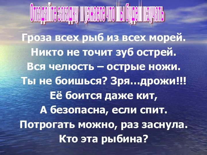 Гроза всех рыб из всех морей. Никто не точит зуб острей. Вся