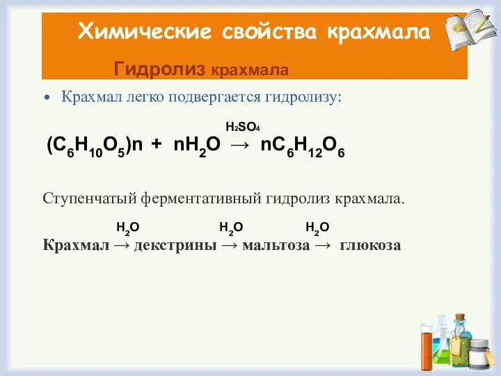 Химические свойства крахмала Крахмал легко подвергается гидролизу: Ступенчатый ферментативный гидролиз крахмала. Крахмал