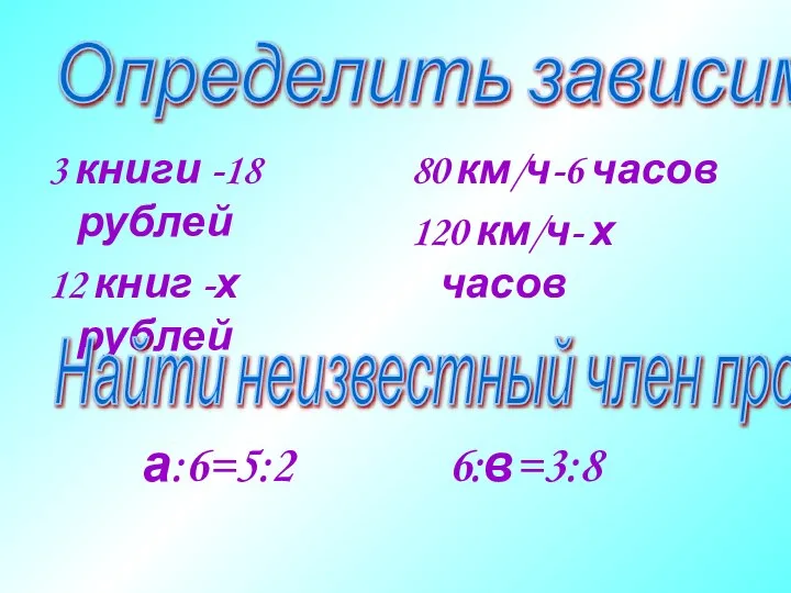 3 книги -18 рублей 12 книг -х рублей 80 км/ч-6 часов 120