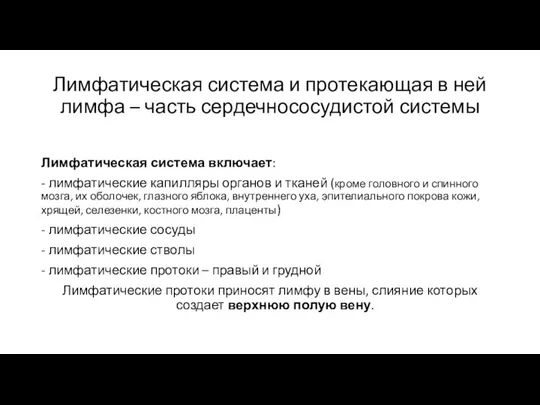 Лимфатическая система и протекающая в ней лимфа – часть сердечнососудистой системы Лимфатическая